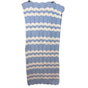 Handmade Crochet Blanket 46X20 Blue Cream Chevron Stripe Handmade Knit Baby Kids